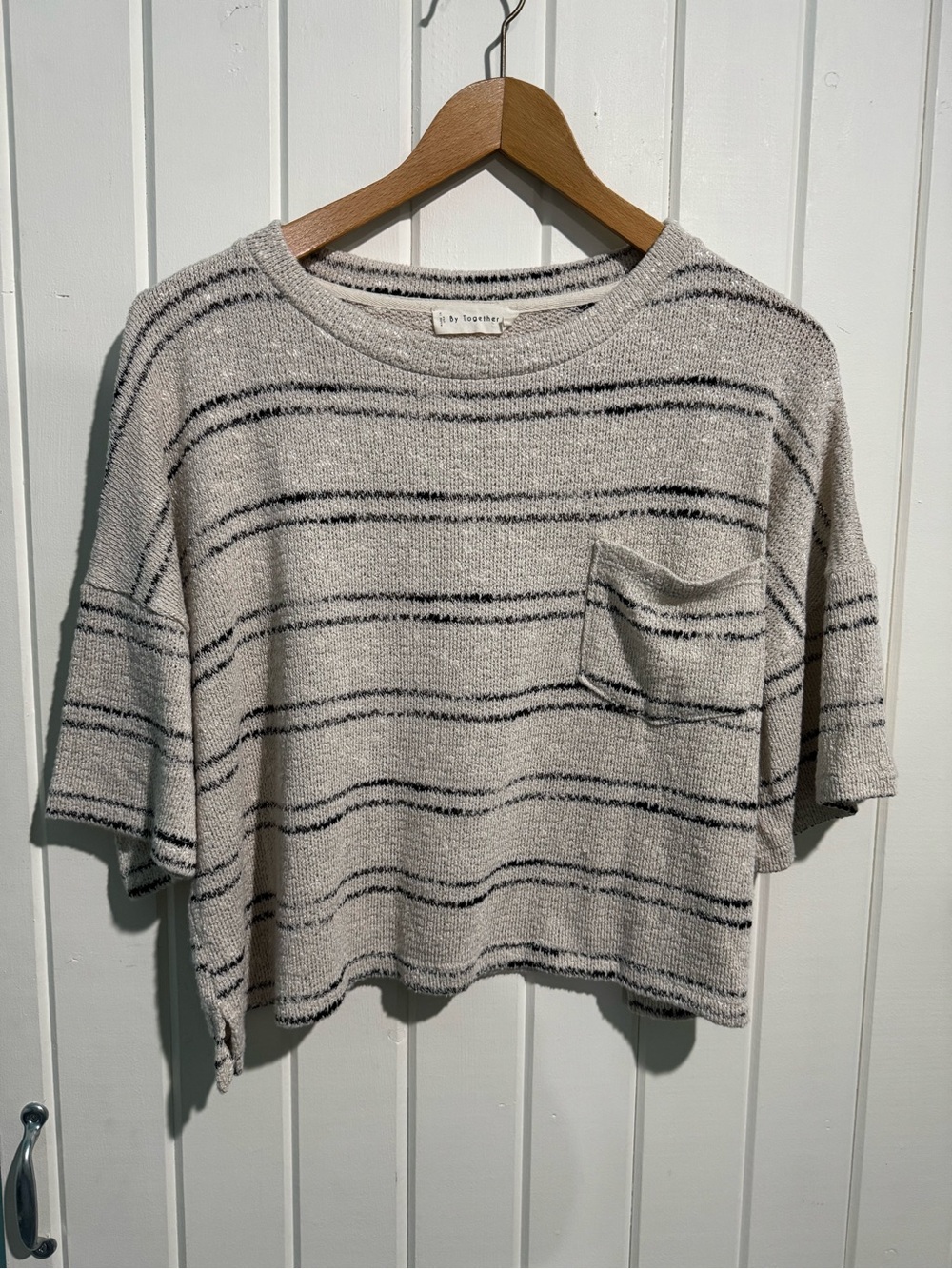By Together Beige and Black Striped Knit Pocket Tee
